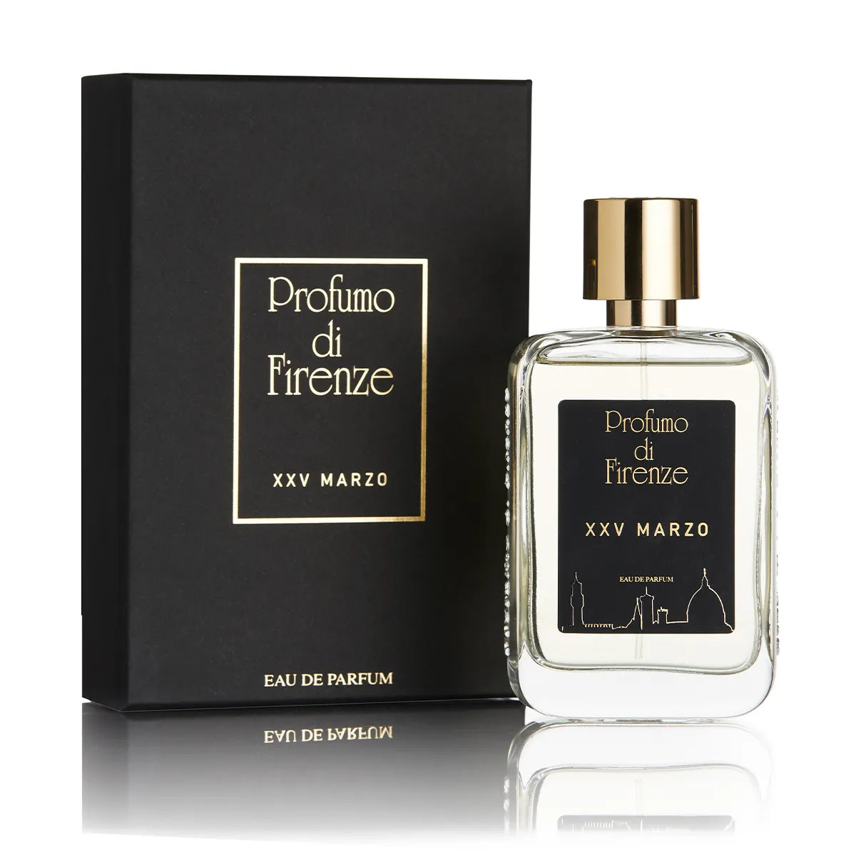 Perfume bottle and packaging of Profumo di Firenze XXV Marzo on a white background