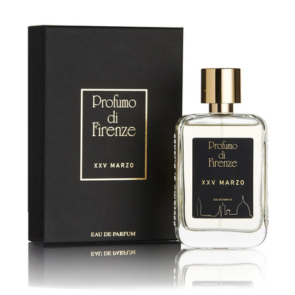 Perfume bottle and packaging of Profumo di Firenze XXV Marzo on a white background