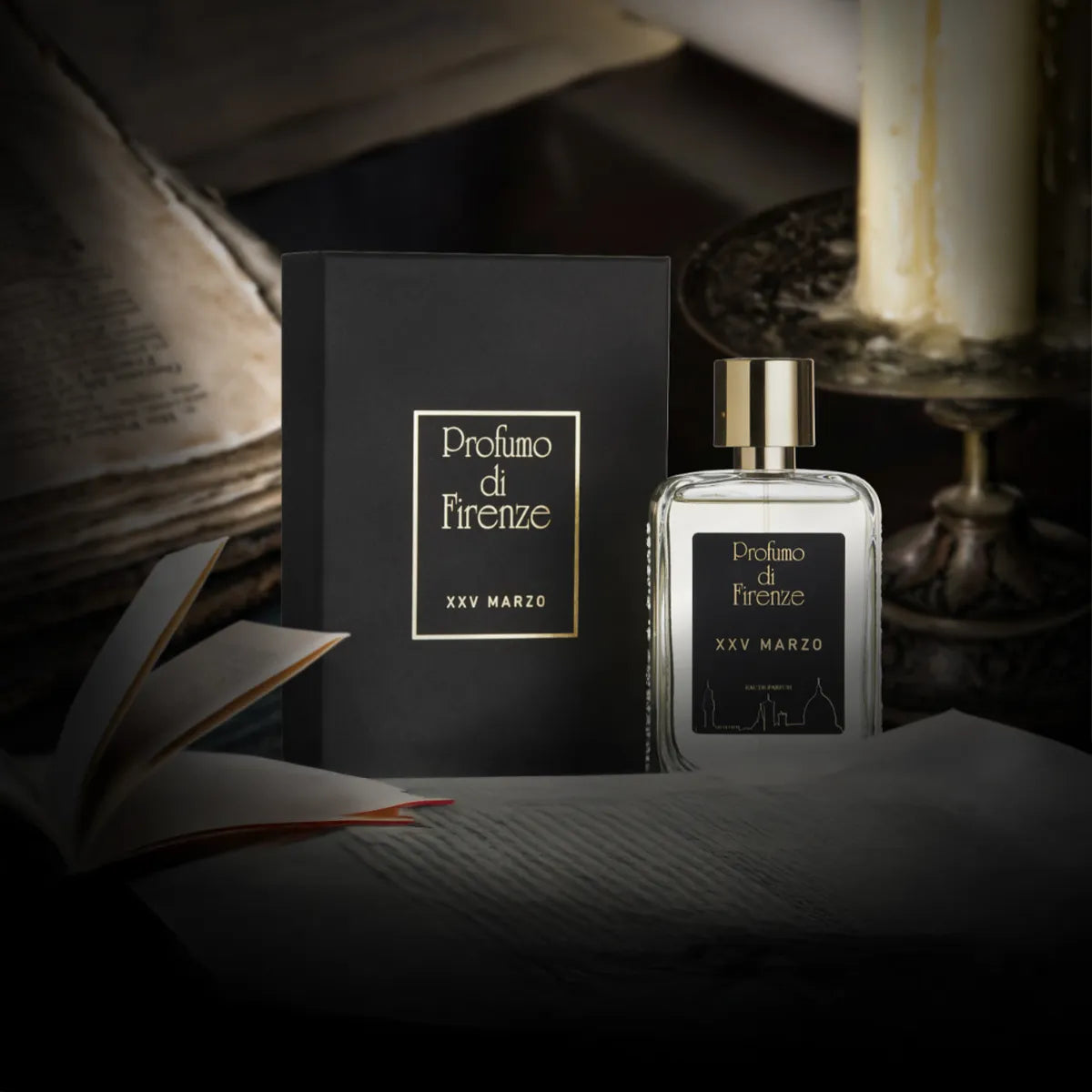 Profumo di Firenze perfume bottle and packaging on a textured surface with books and candles in the background
