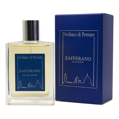 Perfume bottle and packaging of Profumo di Firenze Zafferano on a white background
