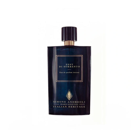 Simone Andreoli Zest di Sorrento Eau de Parfum Intense in deep blue glass bottle with gold label and dark cap on white background