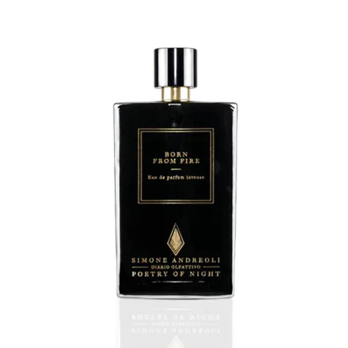 Simone Andreoli Born From Fire Eau de Parfum Intense in black glass bottle with gold label and silver cap on white background
