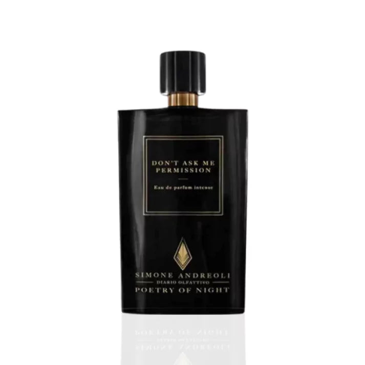 Simone Andreoli Don’t Ask Me Permission Eau de Parfum Intense in glossy black bottle with gold label and black cap on white background