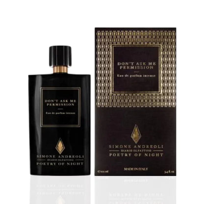 Simone Andreoli Don’t Ask Me Permission Eau de Parfum Intense bottle with matching dark patterned box and gold detailing on white background