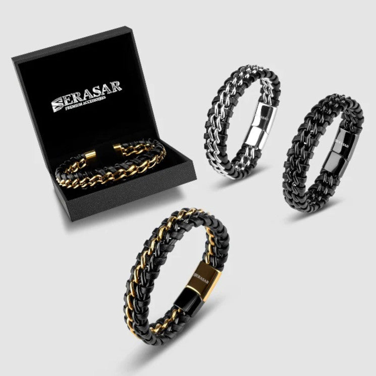 Leather Bracelet "Steel" Black & Gold