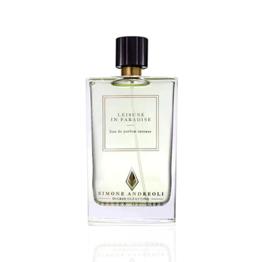 Simone Andreoli Leisure in Paradise Eau de Parfum Intense in clear glass bottle with light green tint and dark cap on white background