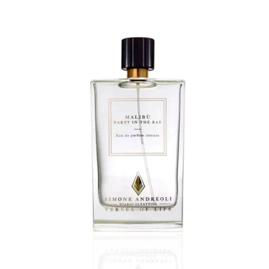 Simone Andreoli Malibu Party in the Bay Eau de Parfum Intense in clear glass bottle with transparent liquid and dark cap on white background