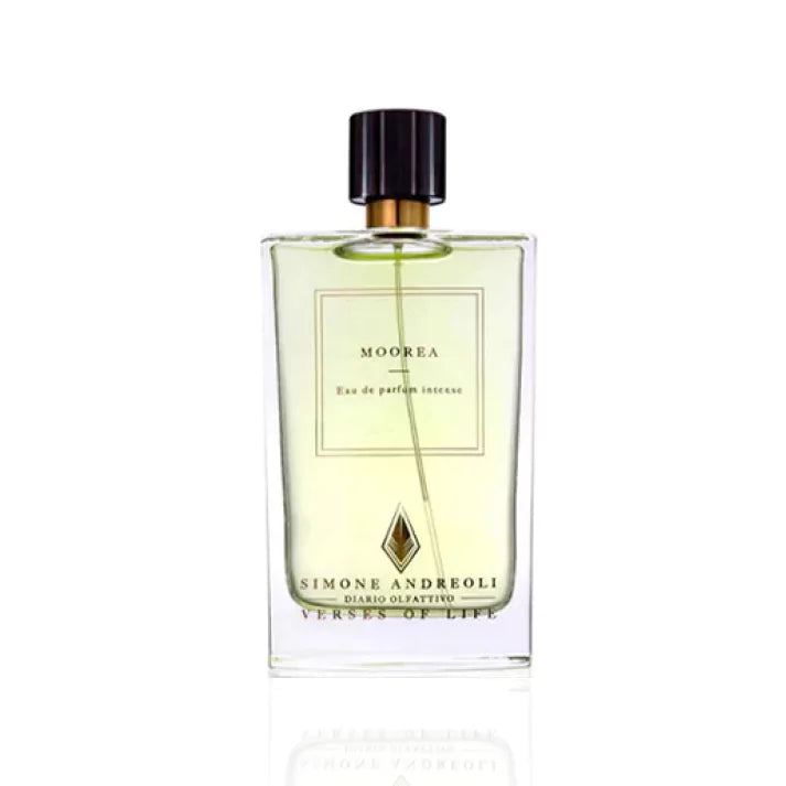 Simone Andreoli Moorea Eau de Parfum Intense in clear glass bottle with pale green liquid and dark cap on white background