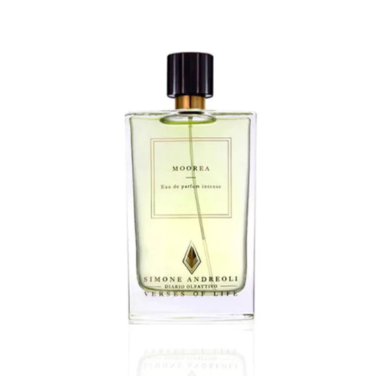 Simone Andreoli Moorea Eau de Parfum Intense in clear glass bottle with pale green liquid and dark cap on white background