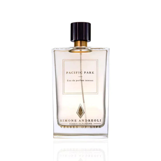 Simone Andreoli Pacific Park Eau de Parfum Intense in clear glass bottle with light amber liquid and dark cap on white background