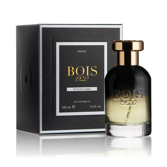 Bois 1920 Centenario Eau de Parfum gradient black-to-gold glass bottle with gold cap displayed beside its elegant black fragrance box.