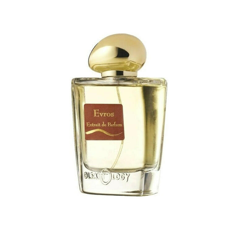 Evros by Olfattology Extrait de Parfum luxury clear glass perfume bottle with gold cap isolated on white background