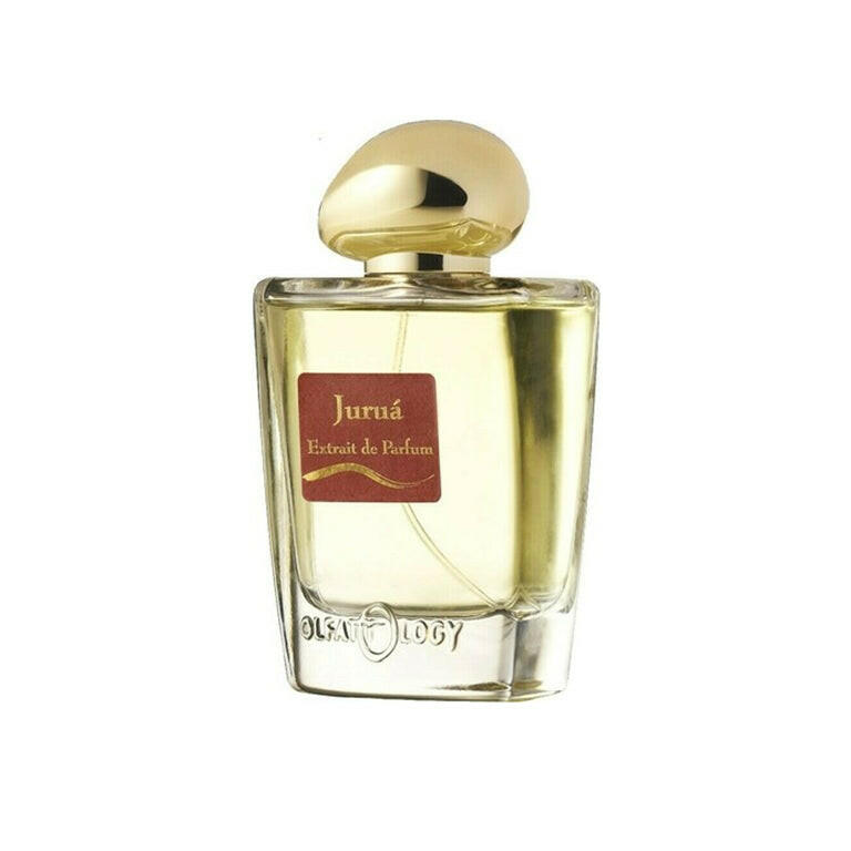 Juruá by Olfattology Extrait de Parfum luxury clear glass perfume bottle with gold cap isolated on white background