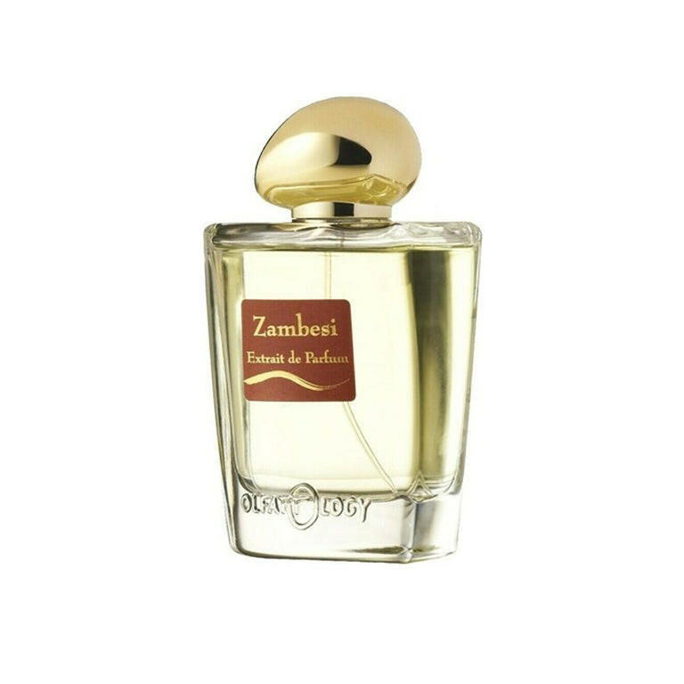 Zambesi by Olfattology Extrait de Parfum luxury fragrance bottle with gold cap and clear glass design in minimalist studio background